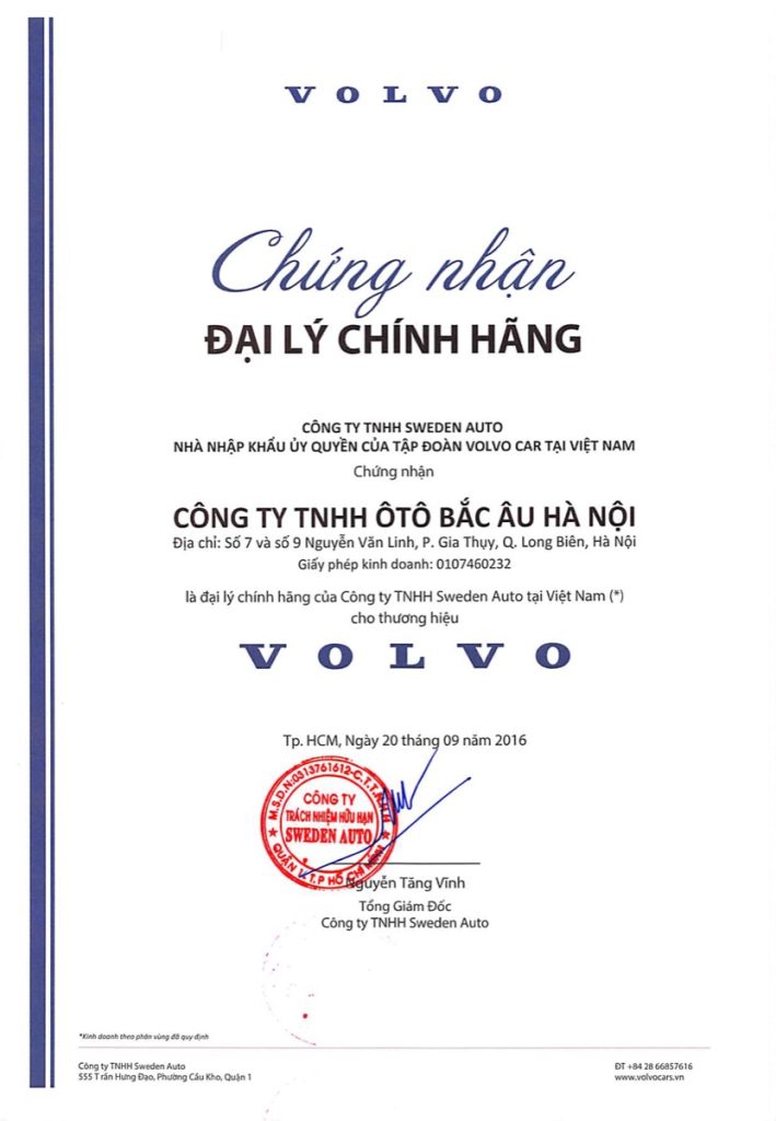 Chứng nhận đại lý chính hãng Volvo do Sweden Auto cấp cho Công ty TNHH Ôtô Bắc Âu Hà Nội